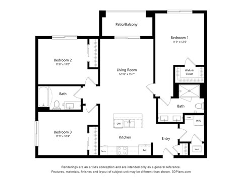 A black and white image of a floor plan for a house with three bedrooms, a living room, a kitchen, a bathroom, and a balcony.